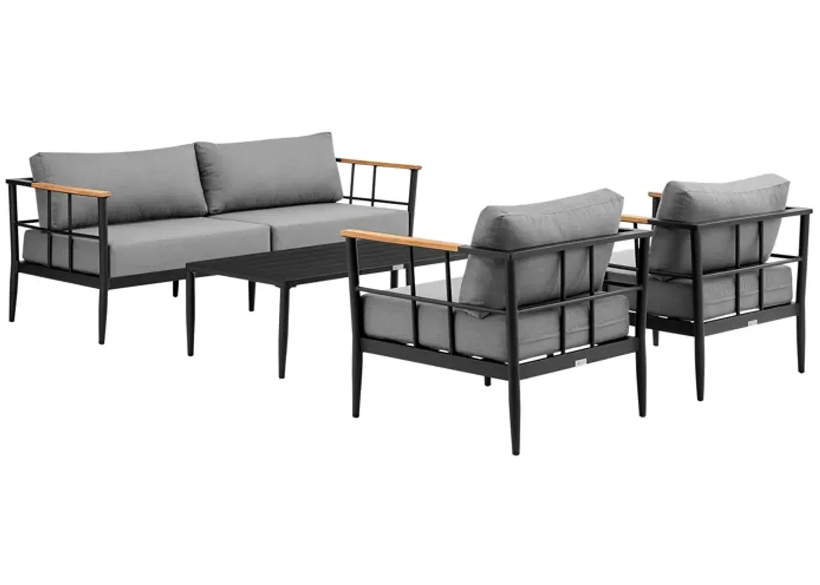 Shari Outdoor Patio 4-Piece Lounge Set in Aluminum with Teak Wood and Gray Cushions