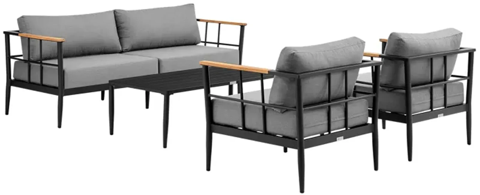 Shari Outdoor Patio 4-Piece Lounge Set in Aluminum with Teak Wood and Gray Cushions