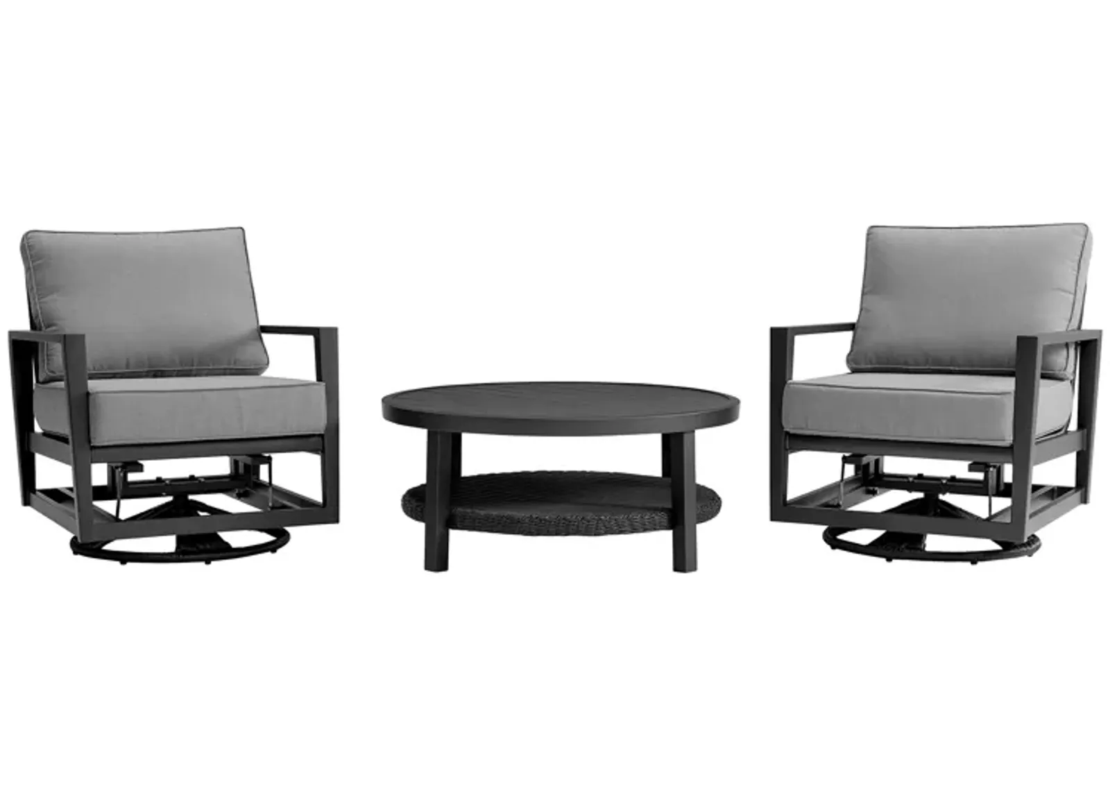 Grand 3 Piece Black Aluminum Outdoor Seating Set with Dark Gray Cushions