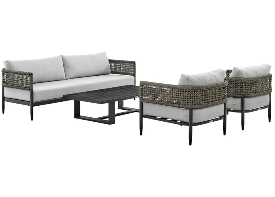 Felicia 4 Piece Outdoor Black Aluminum & Rope Conversation Set with Fabric Cushions in Light Gray