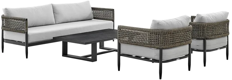 Felicia 4 Piece Outdoor Black Aluminum & Rope Conversation Set with Fabric Cushions in Light Gray