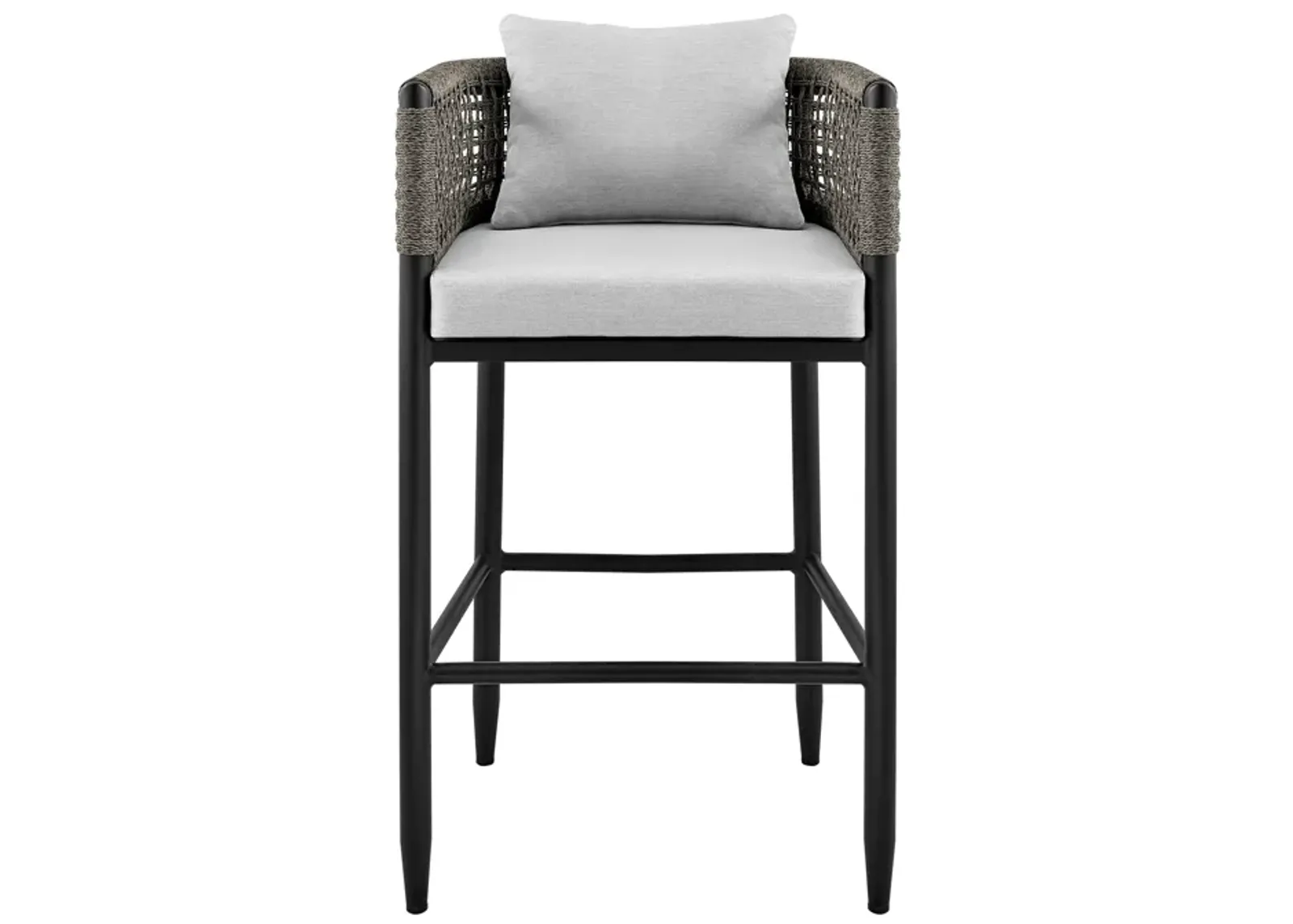 Felicia Outdoor Patio Counter Height Bar Stool in Aluminum with Gray Rope and Cushions