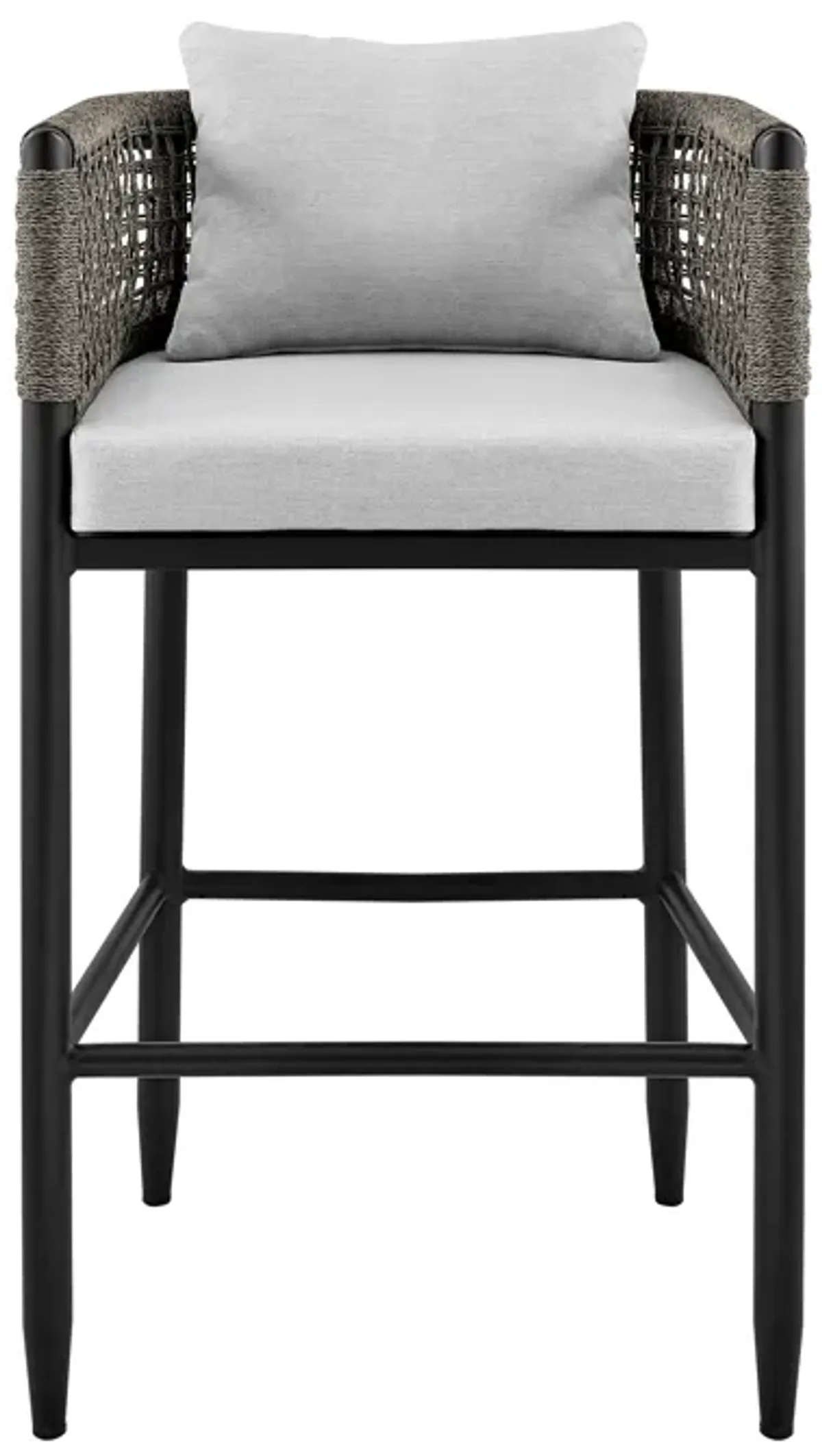 Felicia Outdoor Patio Counter Height Bar Stool in Aluminum with Gray Rope and Cushions