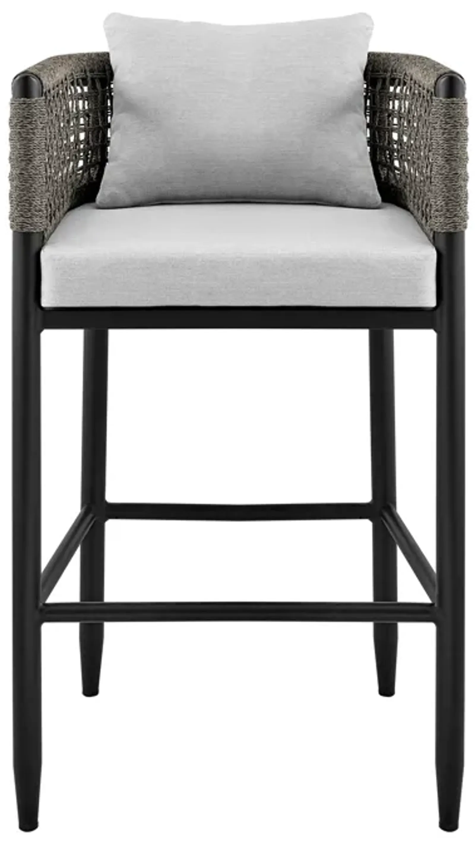 Felicia Outdoor Patio Bar Stool in Aluminum with Gray Rope and Cushions