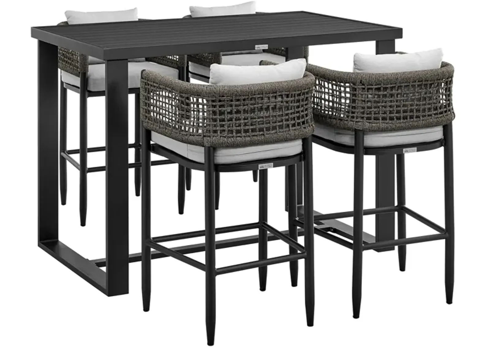 Felicia Outdoor Patio 5-Piece Bar Table Set in Aluminum with Gray Rope and Cushions