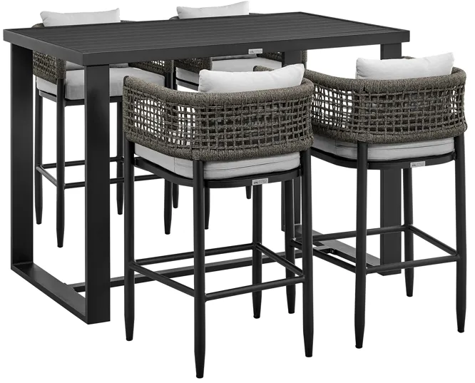 Felicia Outdoor Patio 5-Piece Bar Table Set in Aluminum with Gray Rope and Cushions