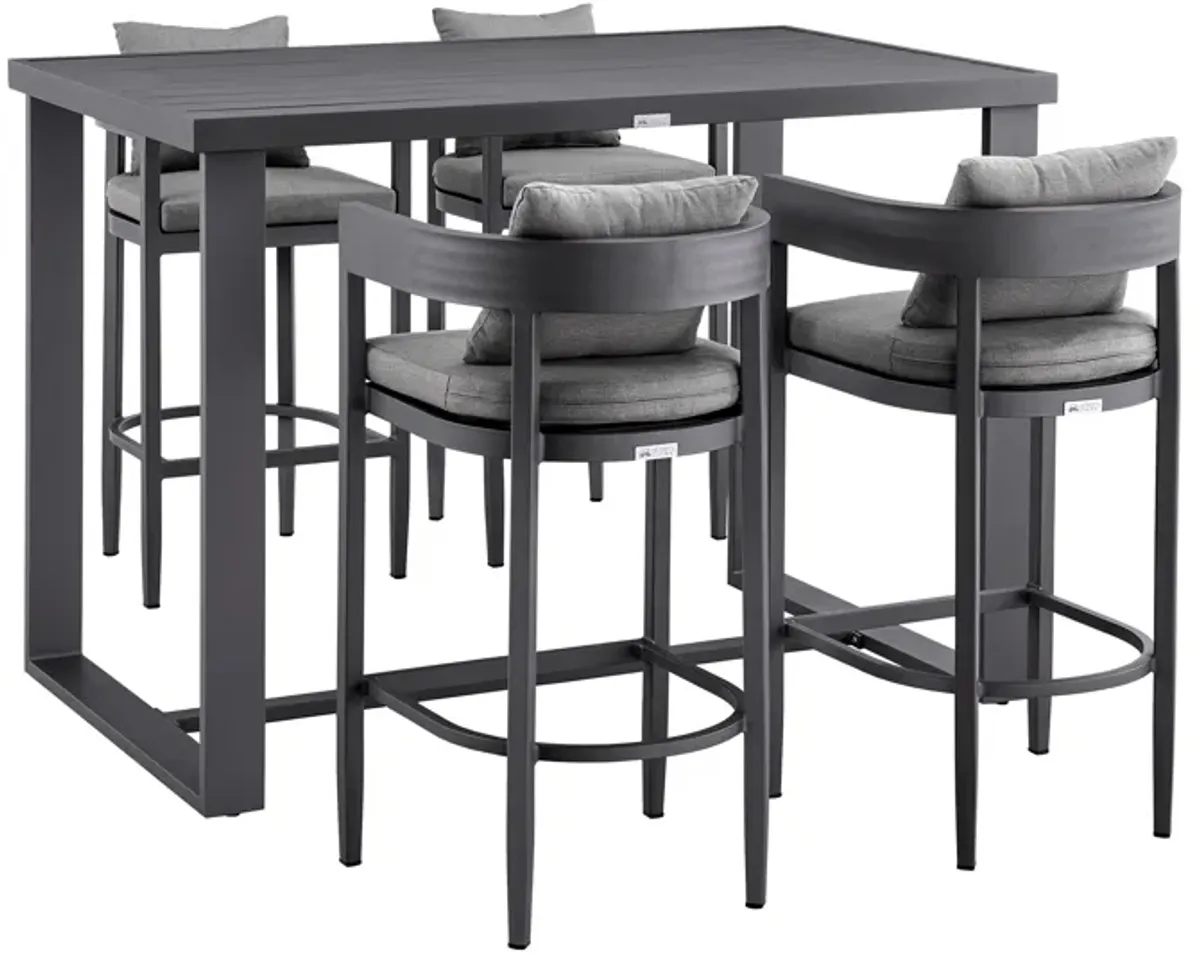 Argiope Outdoor Patio 5-Piece Bar Table Set in Aluminum with Gray Cushions