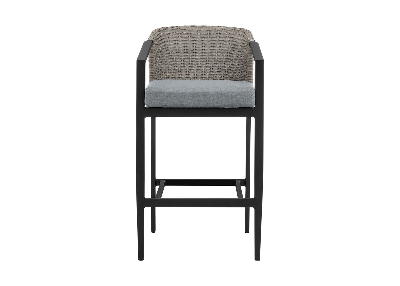 Aileen Outdoor Patio Counter Height Bar Stool in Aluminum and Wicker with Gray Cushions