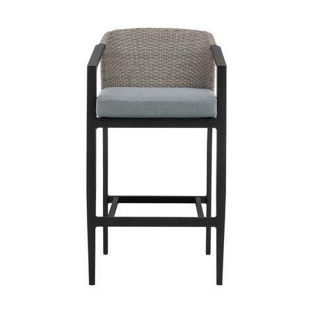 Aileen Outdoor Patio Counter Height Bar Stool in Aluminum and Wicker with Gray Cushions