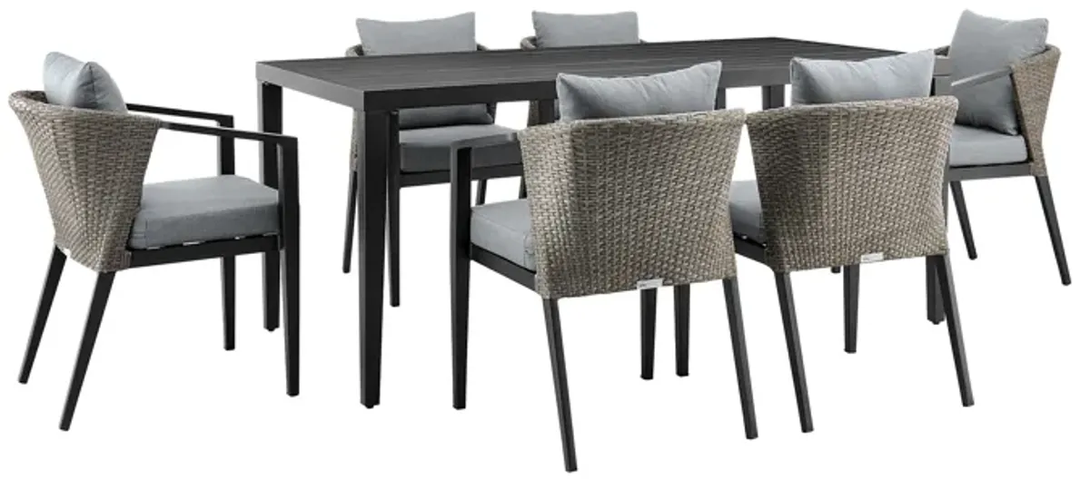 Aileen Outdoor Patio 7-Piece Dining Table Set in Aluminum and Wicker with Gray Cushions