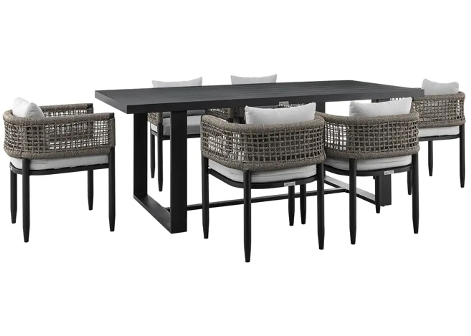 Felicia Outdoor Patio 7-Piece Dining Table Set in Aluminum with Gray Rope and Cushions