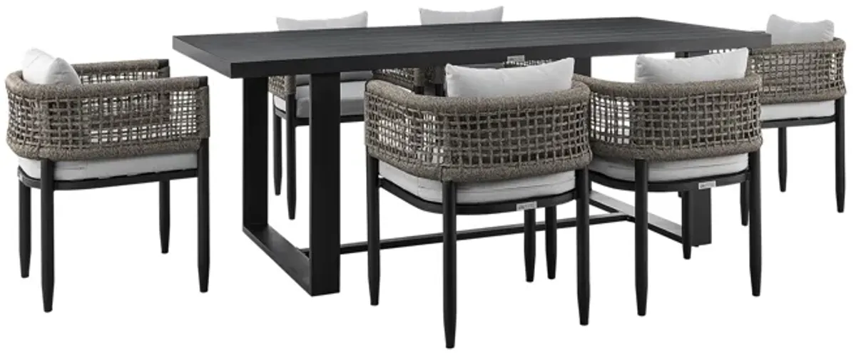 Felicia Outdoor Patio 7-Piece Dining Table Set in Aluminum with Gray Rope and Cushions