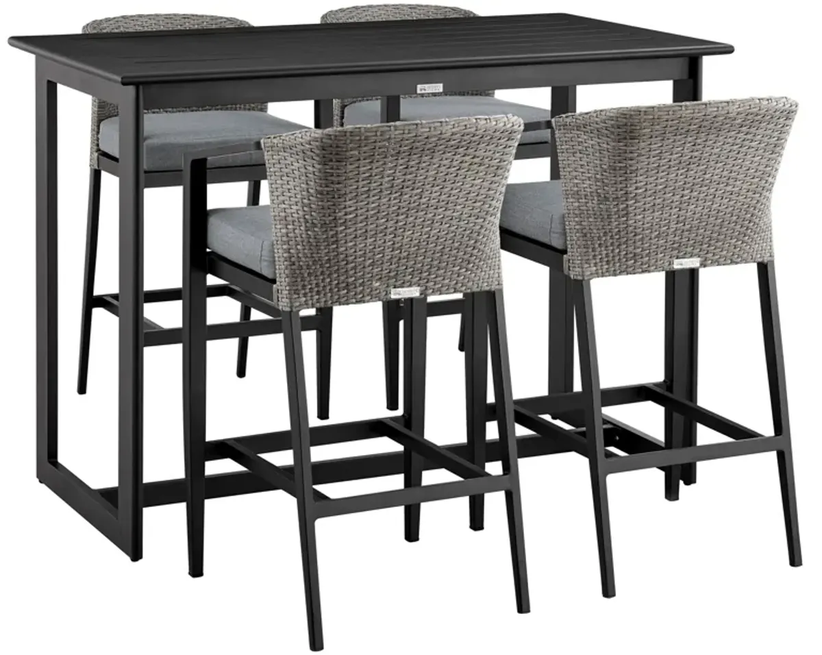 Aileen Outdoor Patio 5-Piece Bar Table Set in Aluminum with Gray Cushions