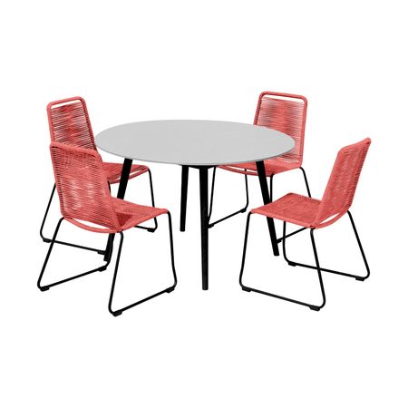 Sydney and Shasta 5 Piece Patio Outdoor Dining Set in Brick Red Rope with Black Eucalyptus Wood