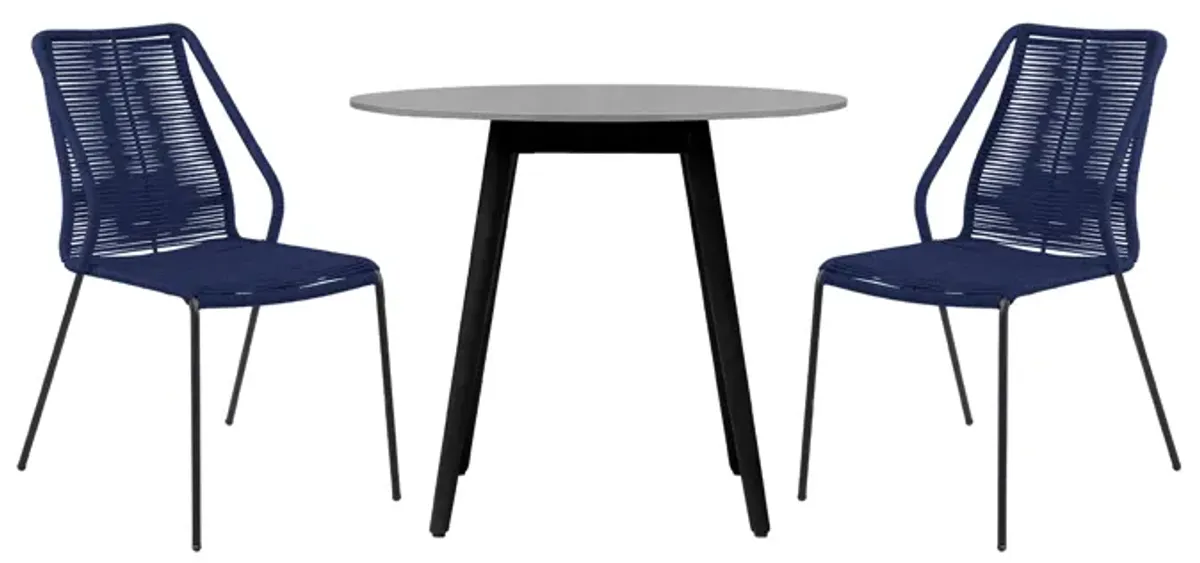 Sydney and Clip 3 Piece Outdoor Patio 36" Dining Set in Black Eucalyptus Wood and Blue Rope