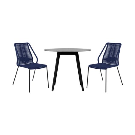 Sydney and Clip 3 Piece Outdoor Patio 36" Dining Set in Black Eucalyptus Wood and Blue Rope