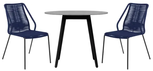 Sydney and Clip 3 Piece Outdoor Patio 36" Dining Set in Black Eucalyptus Wood and Blue Rope