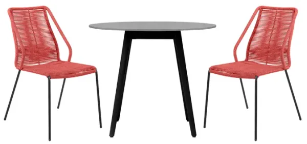 Sydney and Clip 3 Piece Outdoor Patio 36" Dining Set in Black Eucalyptus Wood and Brick Red Rope