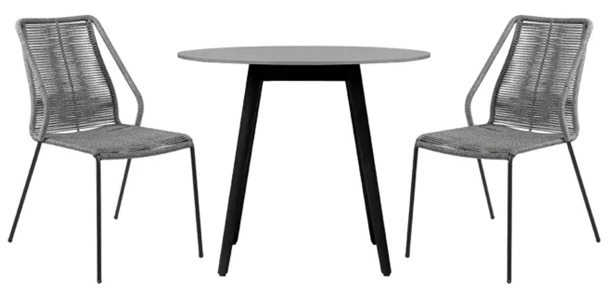 Sydney and Clip 3 Piece Outdoor Patio 36" Dining Set in Black Eucalyptus Wood and Gray Rope