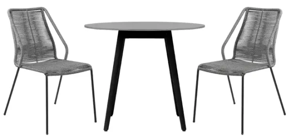 Sydney and Clip 3 Piece Outdoor Patio 36" Dining Set in Black Eucalyptus Wood and Gray Rope