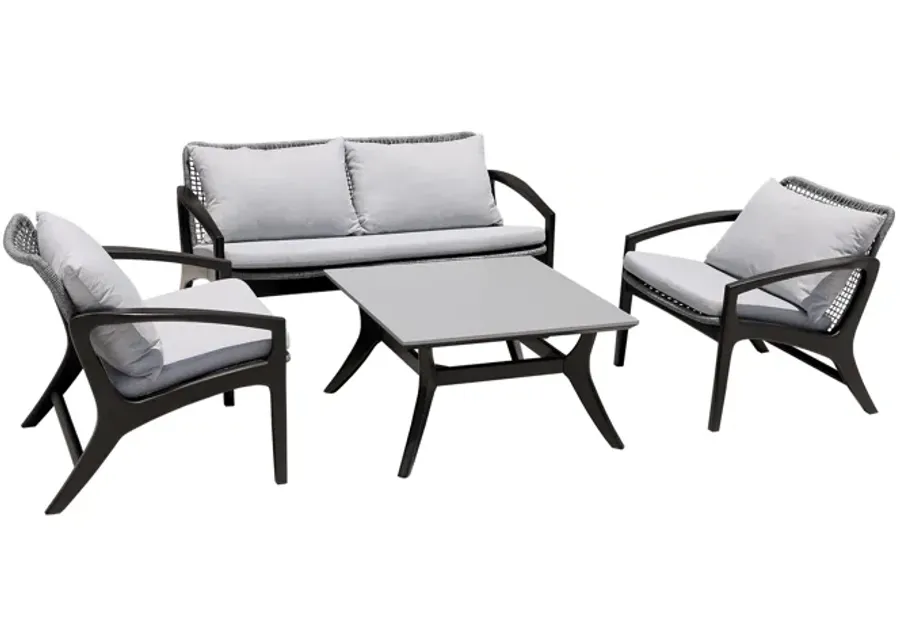 Brighton 4 Piece Outdoor Patio Seating Set in Dark Eucalyptus Wood with Gray Rope and White Cushions