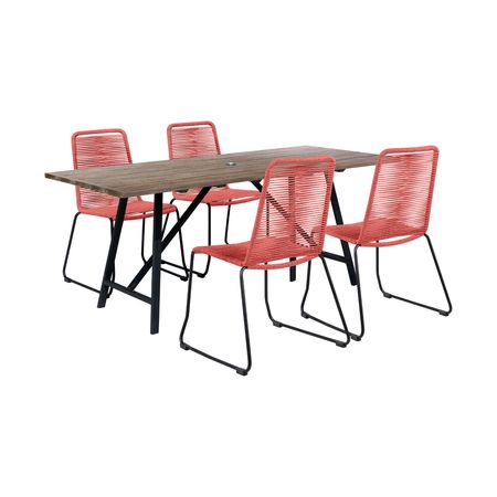 Koala and Shasta 5 Piece Outdoor Patio Dining Set in Light Eucalyptus Wood and Brick Red Rope