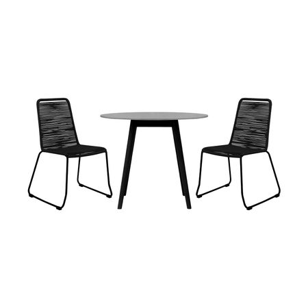 Sydney and Shasta 3 Piece Outdoor Patio 36" Dining Set in Black Eucalyptus Wood and Black Rope
