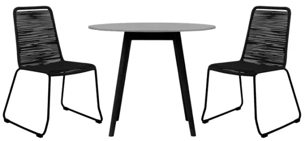 Sydney and Shasta 3 Piece Outdoor Patio 36" Dining Set in Black Eucalyptus Wood and Black Rope