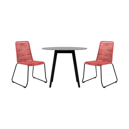 Sydney and Shasta 3 Piece Outdoor Patio 36" Dining Set in Black Eucalyptus Wood and Brick Red Rope