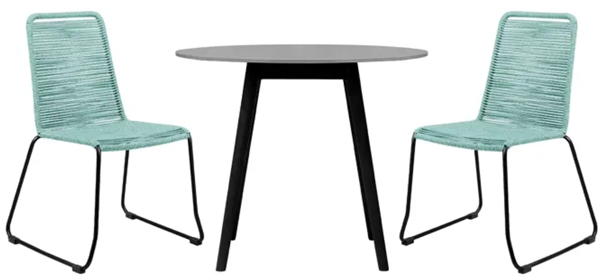 Sydney and Shasta 3 Piece Outdoor Patio 36" Dining Set in Black Eucalyptus Wood and Wasabi Rope