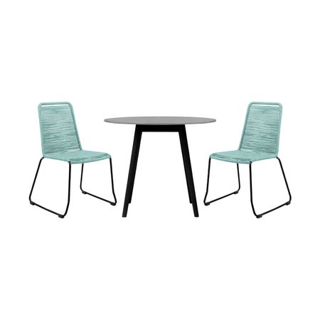 Sydney and Shasta 3 Piece Outdoor Patio 36" Dining Set in Black Eucalyptus Wood and Wasabi Rope
