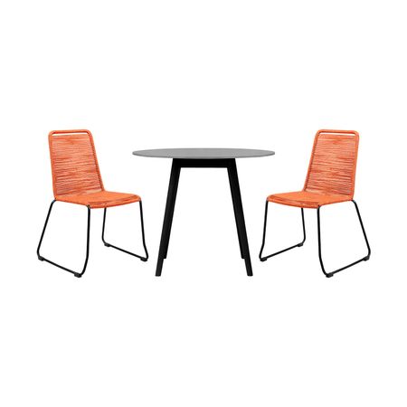 Sydney and Shasta 3 Piece Outdoor Patio 36" Dining Set in Black Eucalyptus Wood and Tangerine Rope