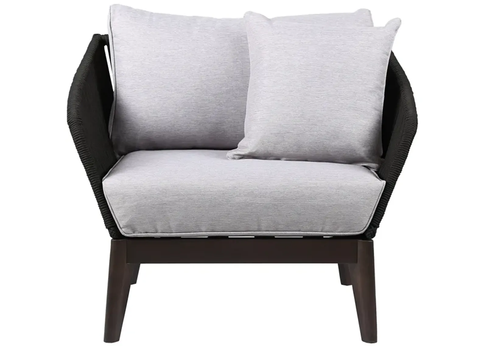 Athos Indoor Outdoor Club Chair in Dark Eucalyptus Wood with Charcoal Rope and Gray Cushions