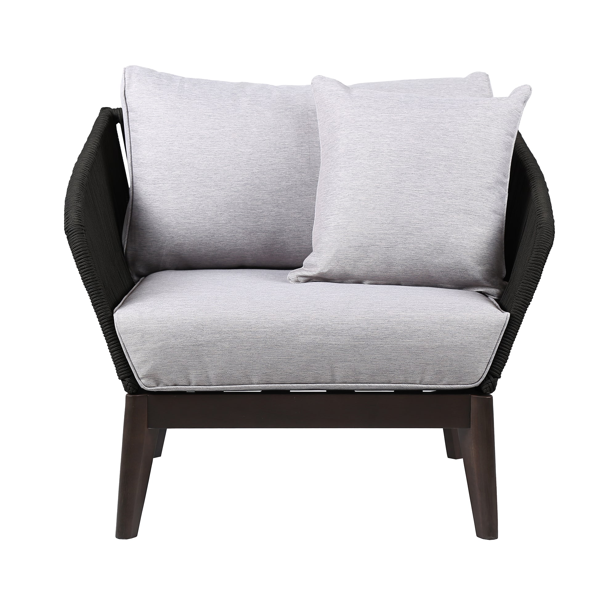 Athos Indoor Outdoor Club Chair in Dark Eucalyptus Wood with Charcoal Rope and Gray Cushions