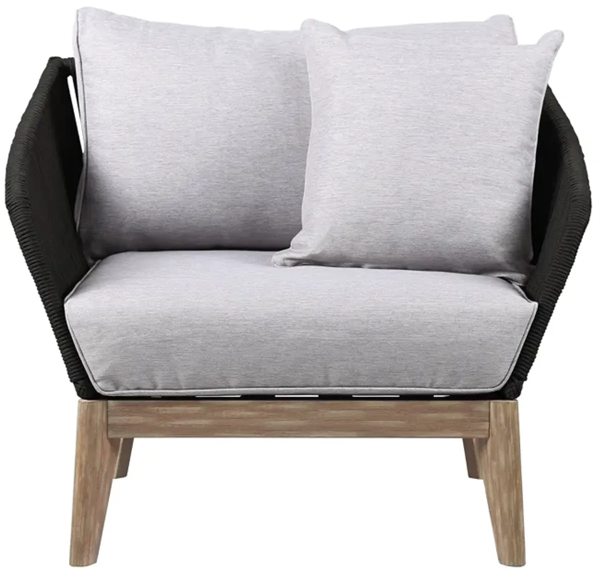 Athos Indoor Outdoor Club Chair in Light Eucalyptus Wood with Charcoal Rope and Gray Cushions