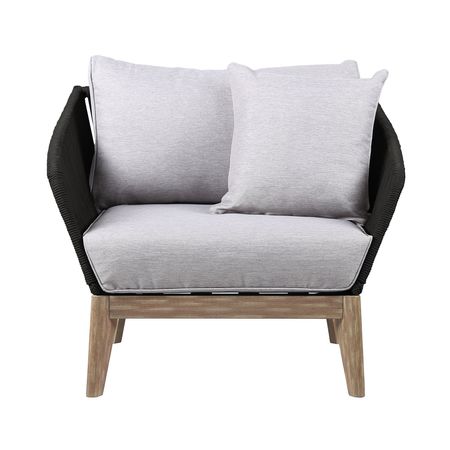 Athos Indoor Outdoor Club Chair in Light Eucalyptus Wood with Charcoal Rope and Gray Cushions