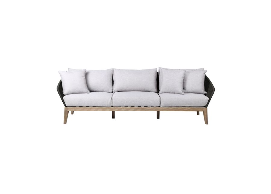 Athos Indoor Outdoor 3 Seater Sofa in Light Eucalyptus Wood with Charcoal Rope and Gray Cushions