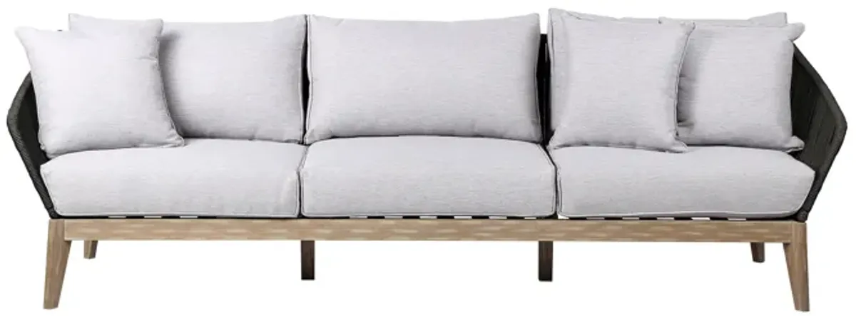 Athos Indoor Outdoor 3 Seater Sofa in Light Eucalyptus Wood with Charcoal Rope and Gray Cushions