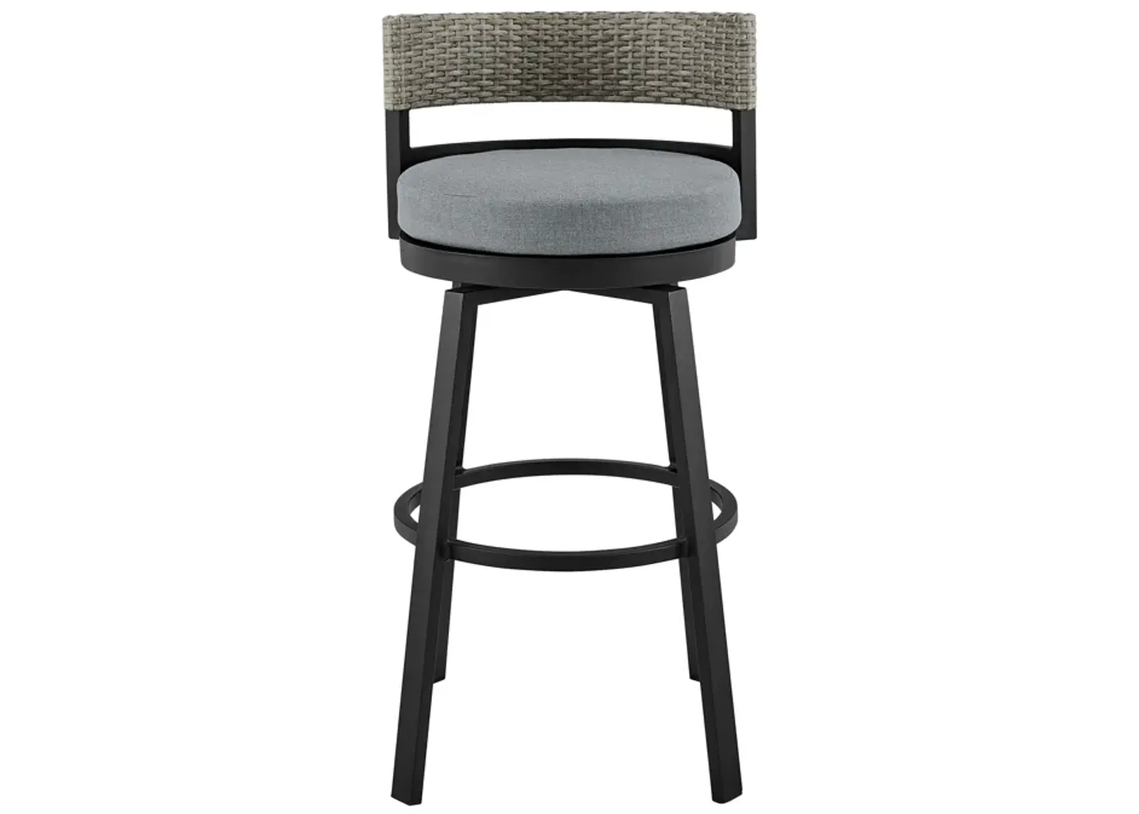 Encinitas Outdoor Patio Counter Height Swivel Bar Stool in Aluminum and Wicker with Gray Cushions