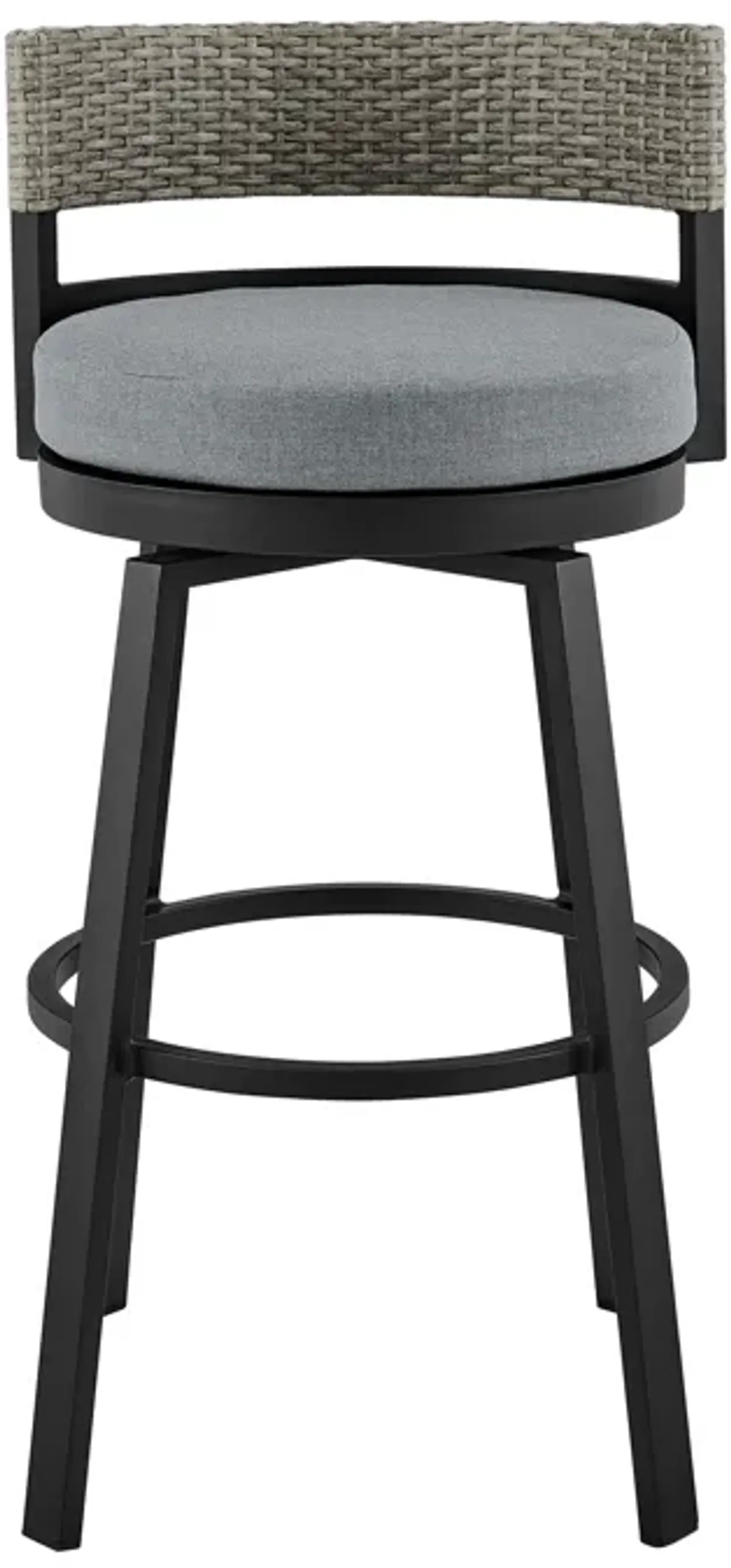 Encinitas Outdoor Patio Counter Height Swivel Bar Stool in Aluminum and Wicker with Gray Cushions