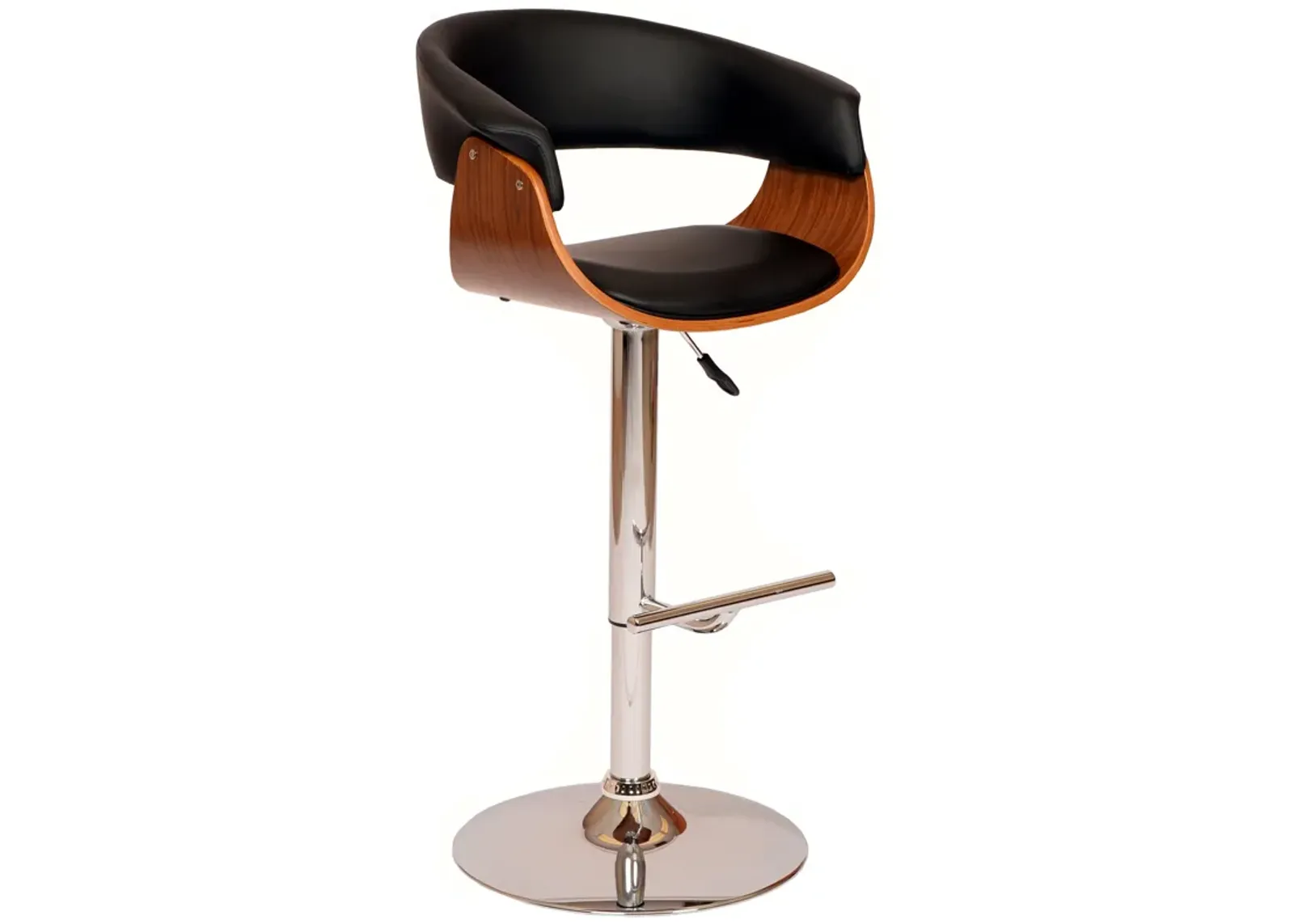 Paris Faux Leather Adjustable Height Swivel Walnut Wood and Chrome Bar Stool in Black