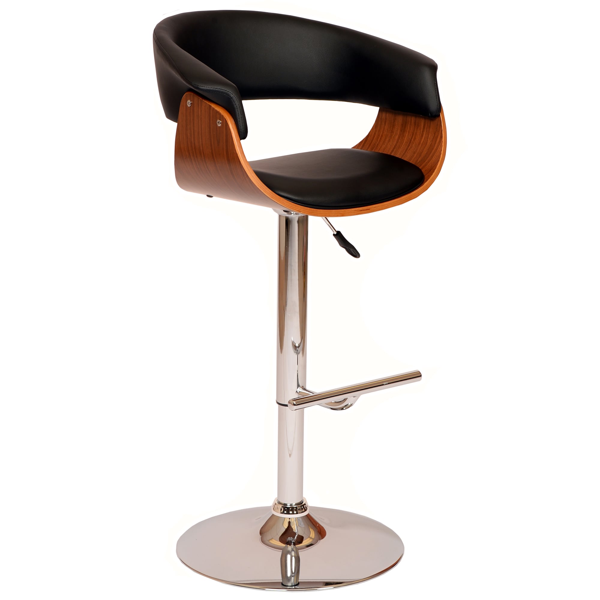 Paris Faux Leather Adjustable Height Swivel Walnut Wood and Chrome Bar Stool in Black