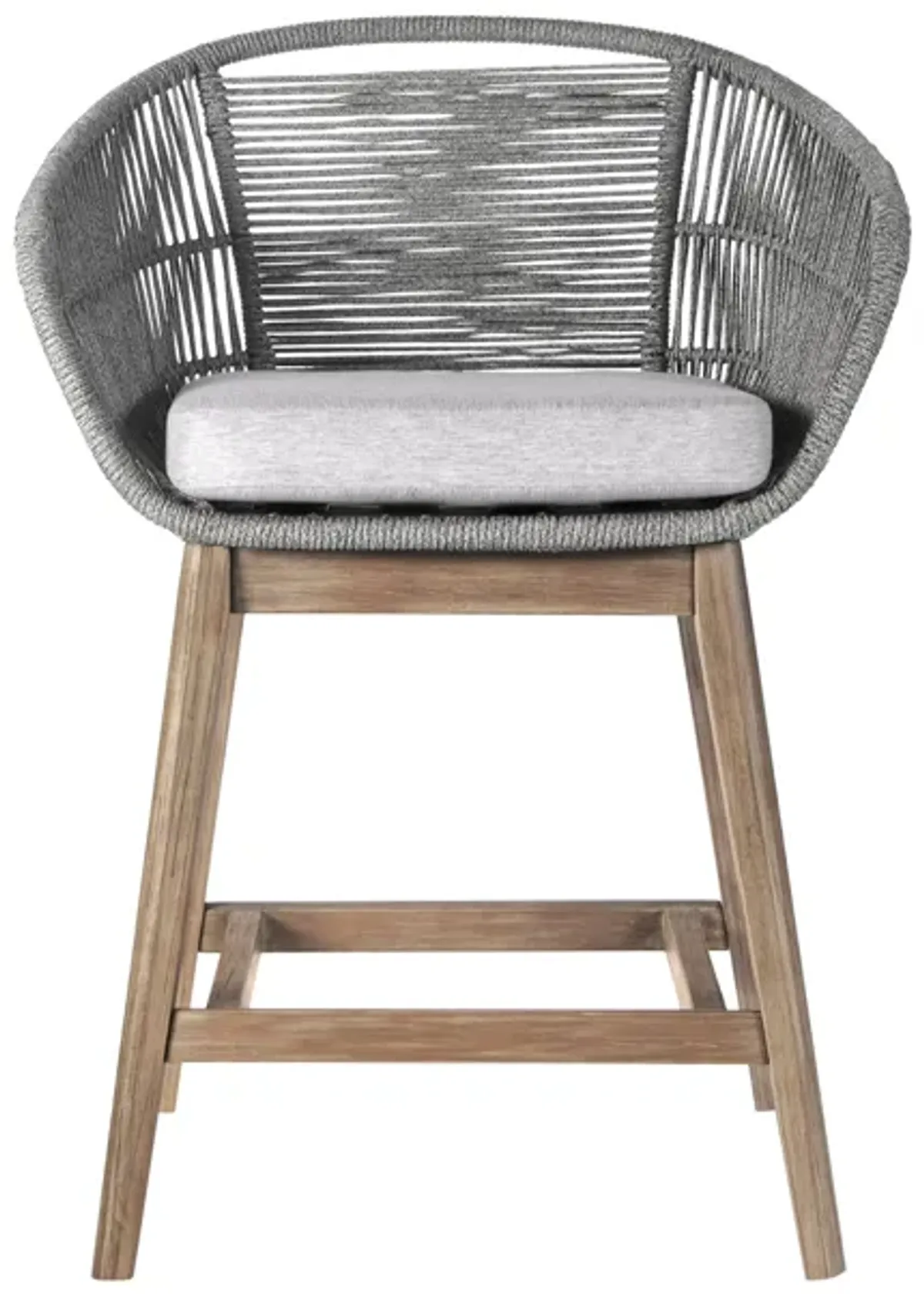 Tutti Frutti Indoor Outdoor Counter Height Bar Stool in Aged Teak Wood with Gray Rope