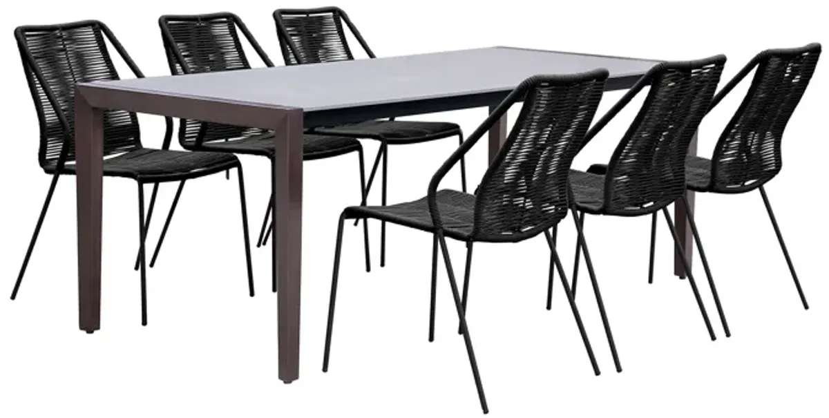 Fineline and Clip Indoor Outdoor 7 Piece Dining Set in Dark Eucalyptus Wood with Superstone and Blac