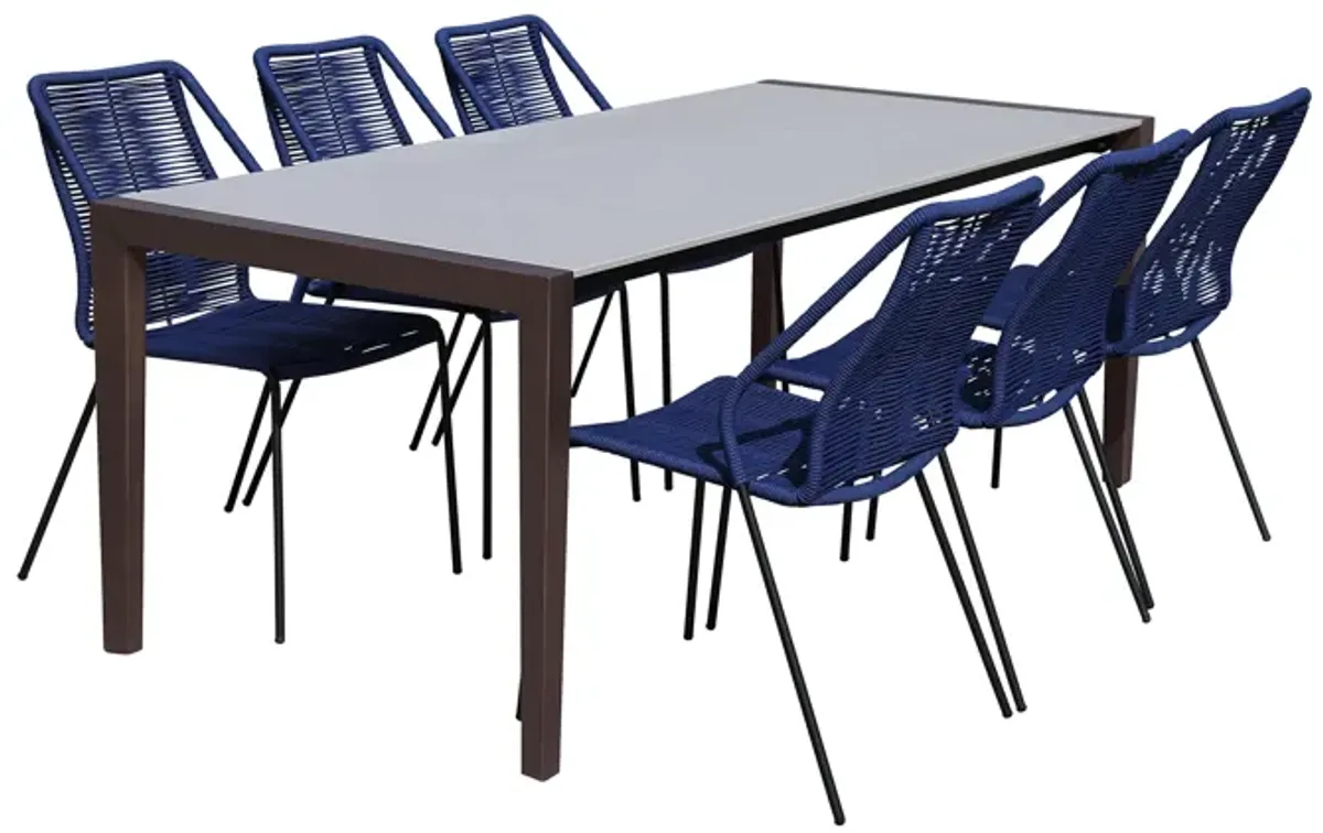 Fineline and Clip Indoor Outdoor 7 Piece Dining Set in Dark Eucalyptus w/ Superstone and Blue Rope