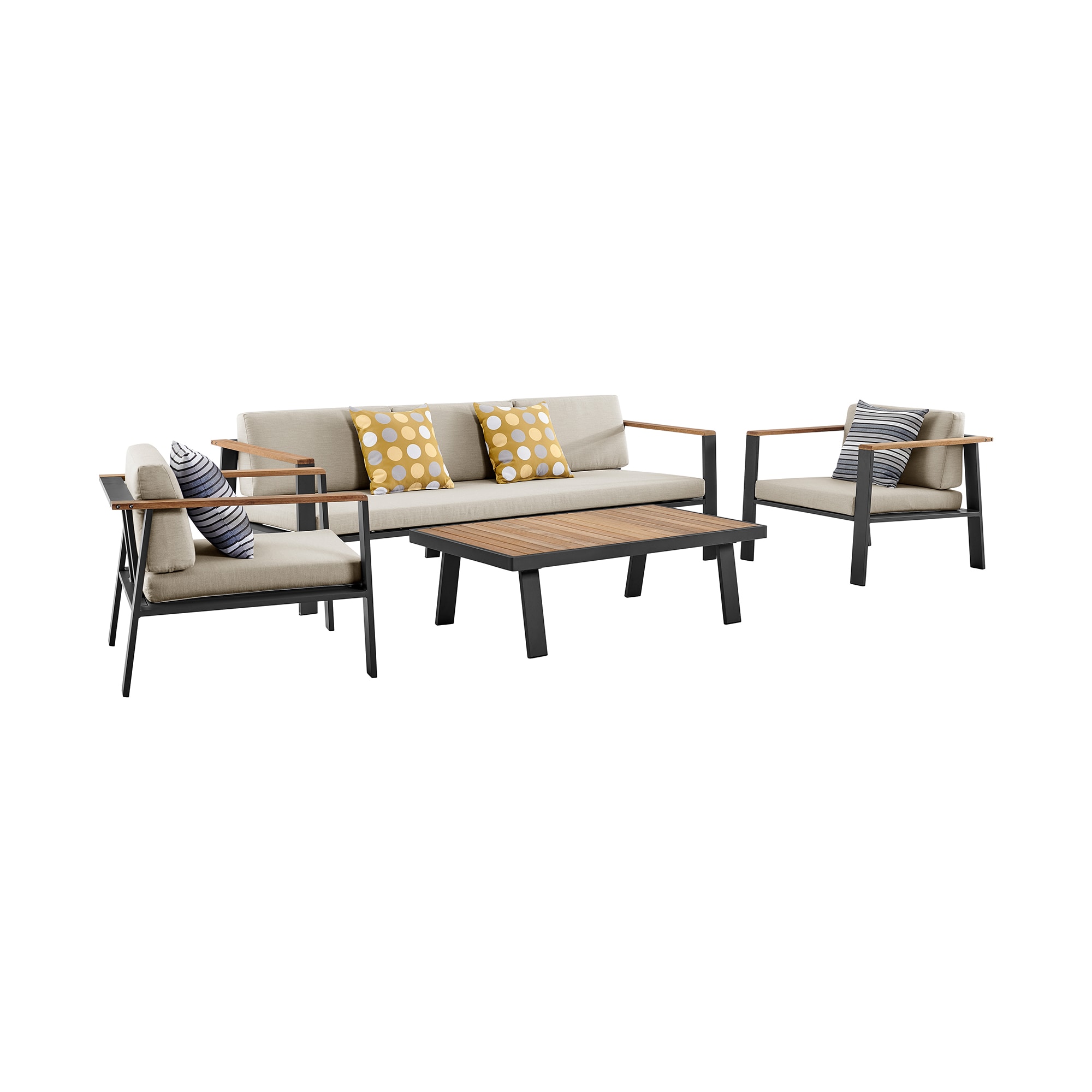 Nofi 4 piece Outdoor Patio Set in Charcoal Finish with Taupe Cushions and Teak Wood