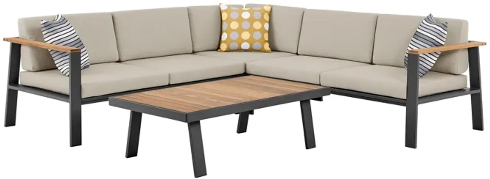 Nofi Outdoor Patio Sectional Set in Charcoal Finish with Taupe Cushions and Teak Wood