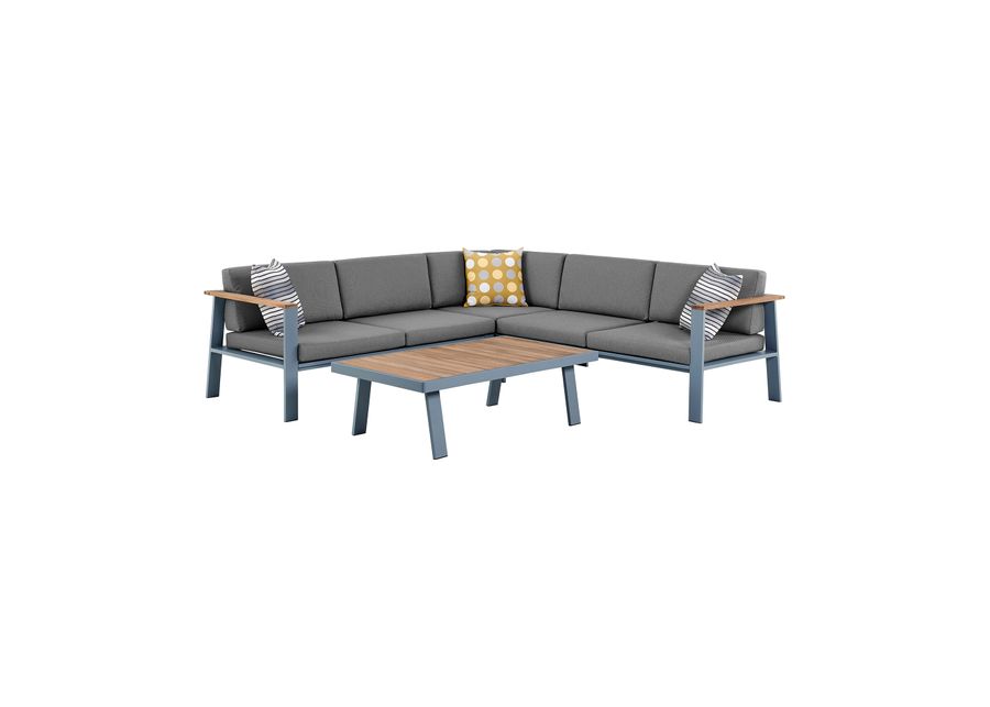 Nofi Outdoor Patio Sectional Set in Gray Finish with Gray Cushions and Teak Wood