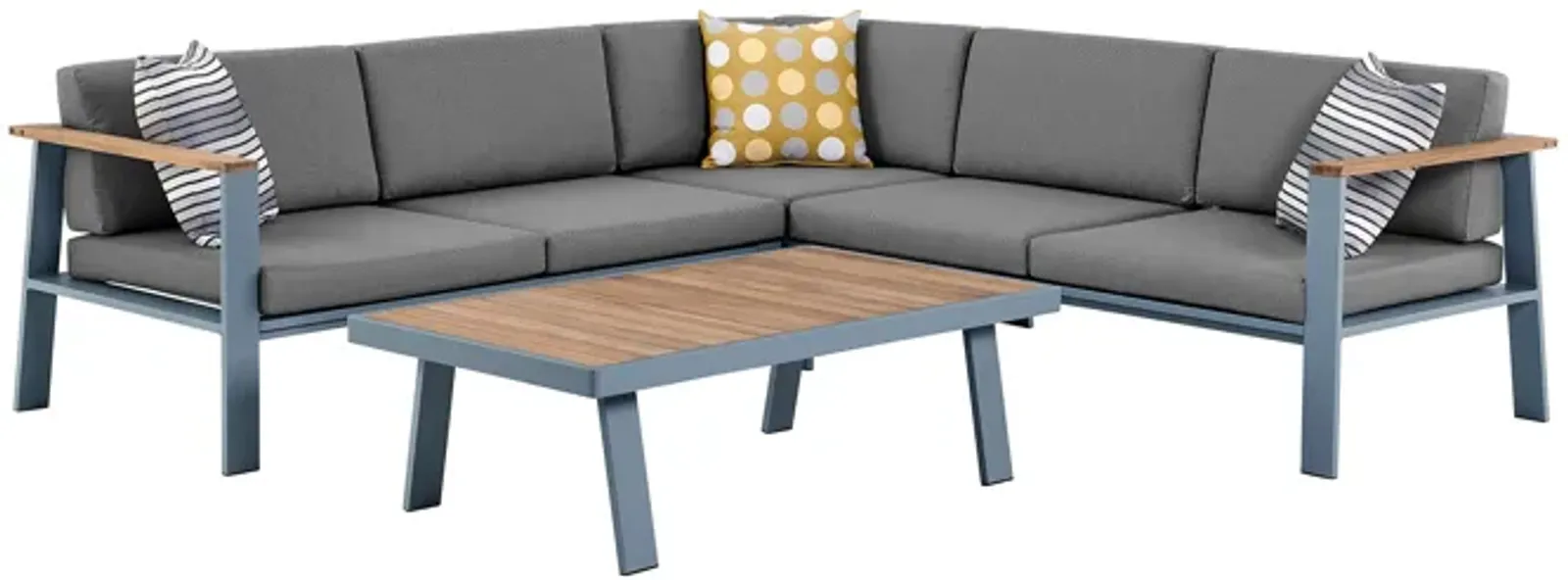 Nofi Outdoor Patio Sectional Set in Gray Finish with Gray Cushions and Teak Wood