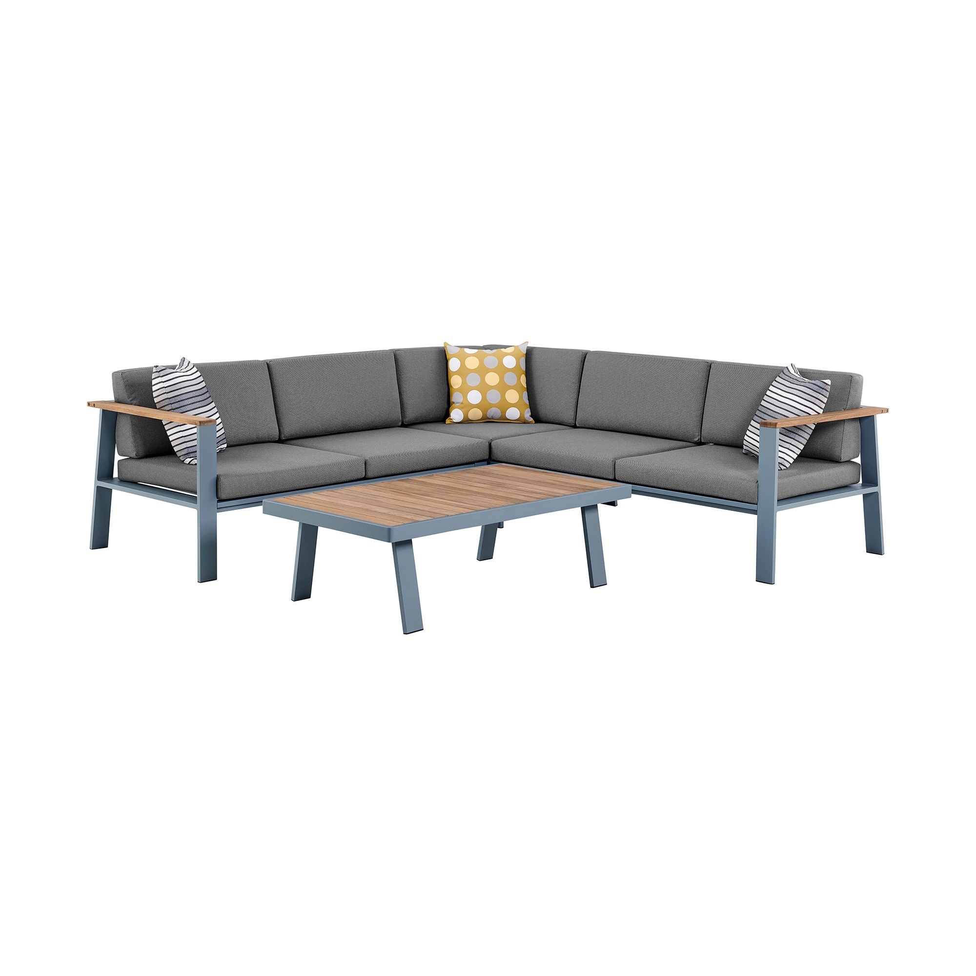 Nofi Outdoor Patio Sectional Set in Gray Finish with Gray Cushions and Teak Wood